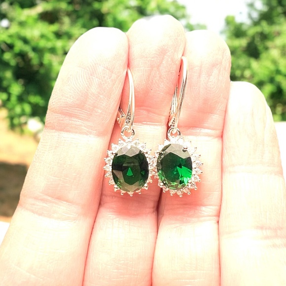 Emerald Earrings Sterling Silver 925 , May birthstone, Nickel Free Hinges - Picture 2 of 7